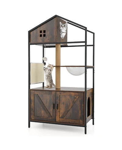 Gymax Cat Tree w/ Litter Box Enclosure w/ Hidden Washroom Scratching Posts & Pad