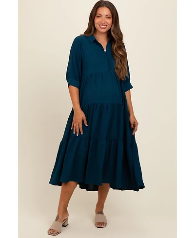 Pinkblush Maternity Dark Teal Collared Button Up Tiered Midi Dress