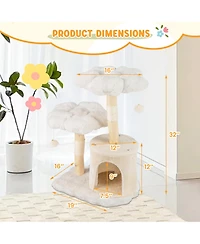 Gymax Cute Solid Wood Cat Tree Natural Branch Modern Flower Cat Tower w/Soft Long