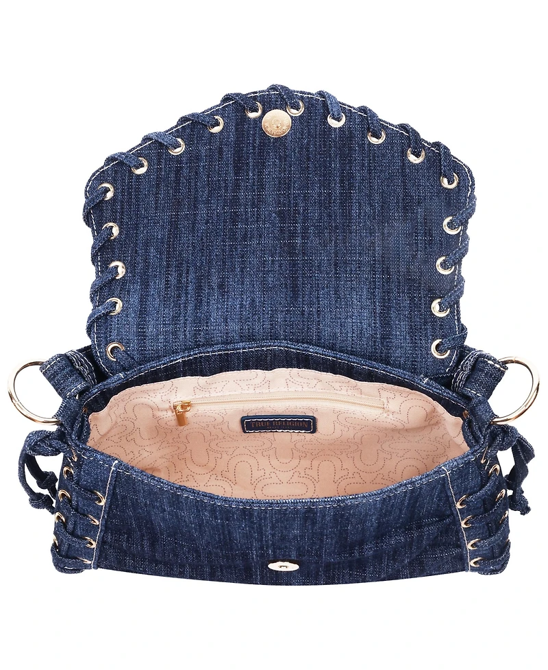 True Religion Studded Horseshoe Eyelet Denim Flap Bag