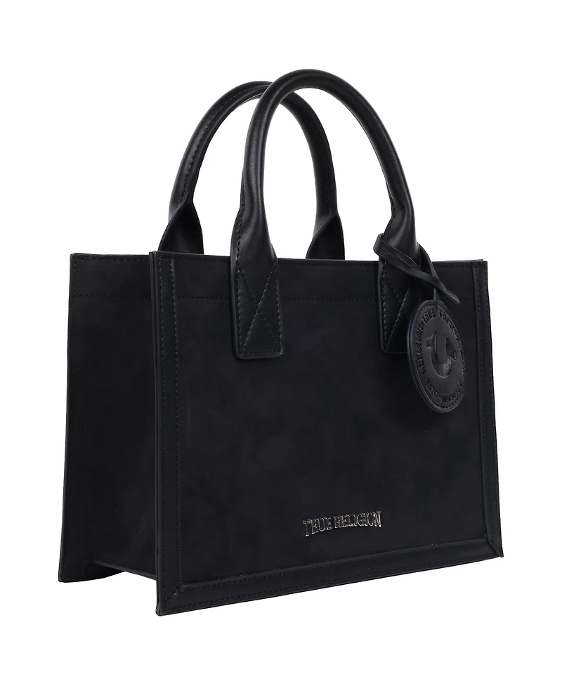 True Religion Suede Pu Box Tote with Logo Tag