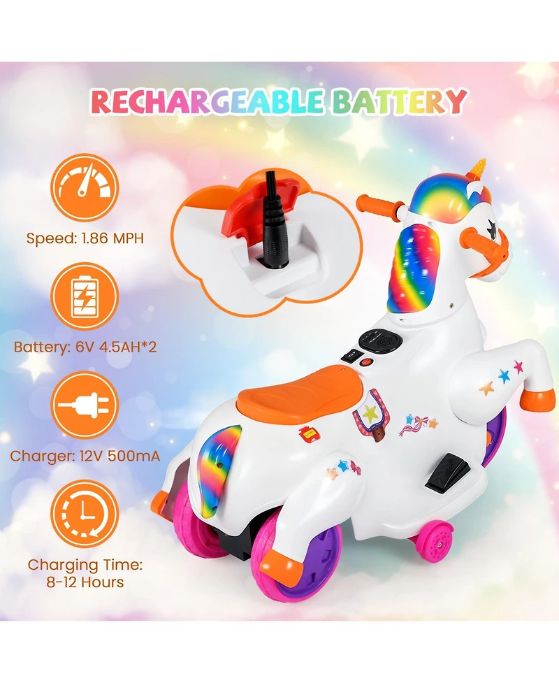 Gymax 12V Kids Ride on Unicorn Toy w/ Training Wheels Music One-button Start & Led Power Display