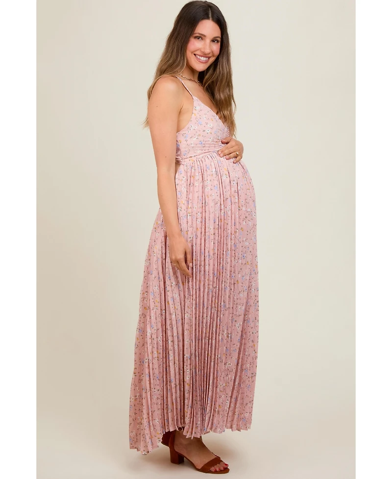 Pinkblush Maternity Light Pink Floral Pleated Back Cutout Maxi Dress