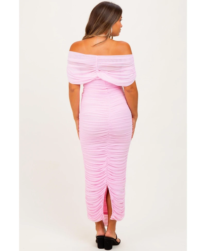 Pinkblush Maternity Light Pink Ruched Mesh Foldover Off Shoulder Maxi Dress