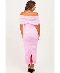 Pinkblush Maternity Light Pink Ruched Mesh Foldover Off Shoulder Maxi Dress