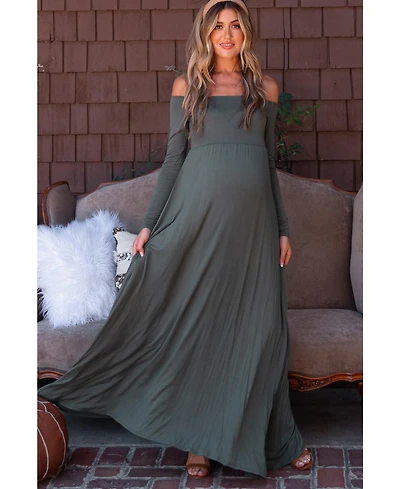 Pinkblush Maternity Olive Solid Off Shoulder Maxi Dress