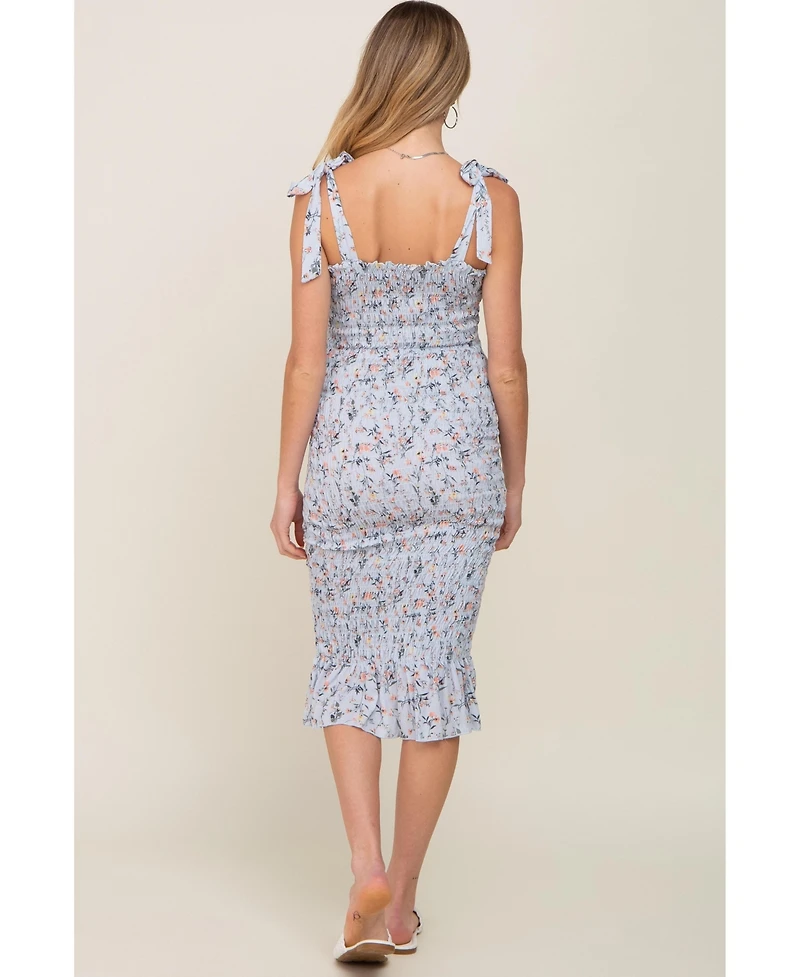 Pinkblush Light Blue Floral Smocked Fitted Maternity Dress