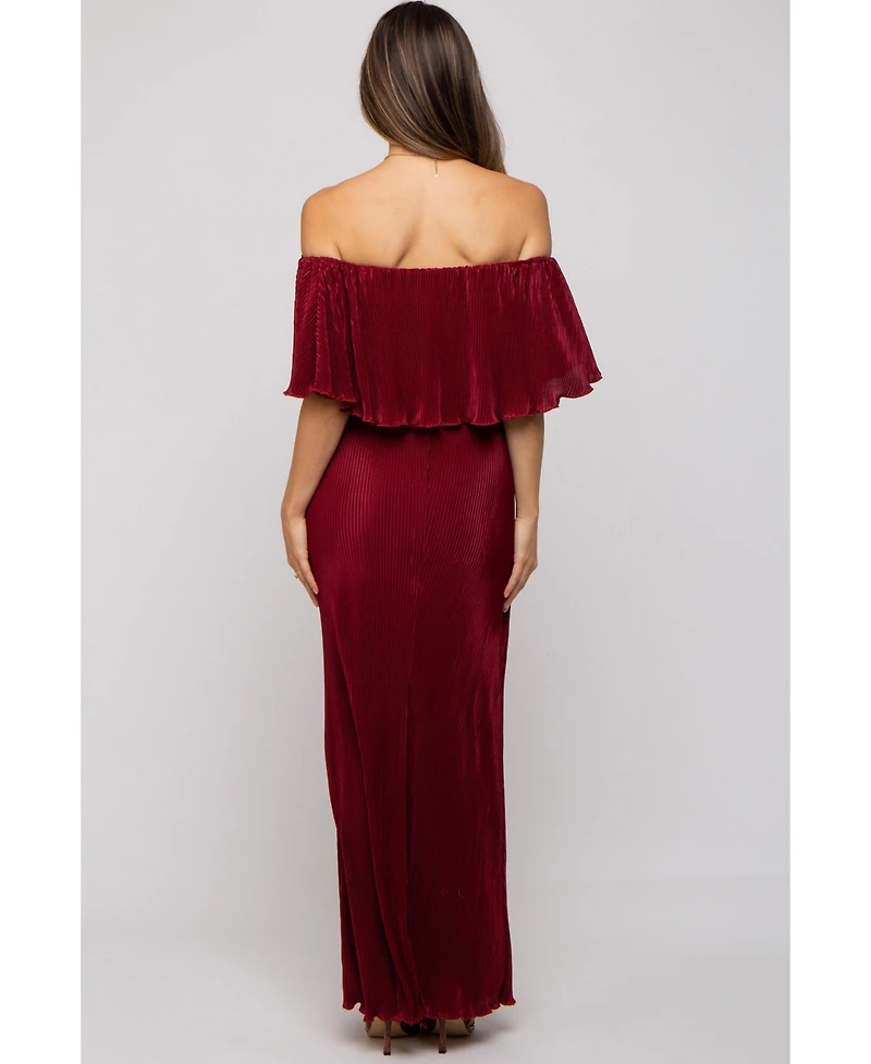 Pinkblush Maternity Forest Green Pleated Ruffle Off Shoulder Maxi Dress
