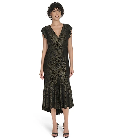 Tommy Hilfiger Women's V-Neck Tiered Hem Foil Midi Dress
