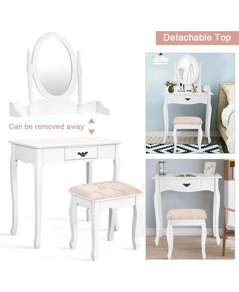 Volenca Wooden Vanity Table Set with Oval Mirror and Cushioned Stool