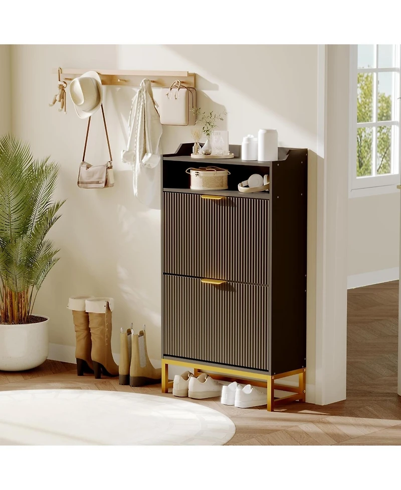 Narrow Shoe Cabinet Storage for Entryway, Modern Fluted Shoe Rack Organizer with 2 Flip Drawers and an Open Shelf for Hallway, Living Room, Black