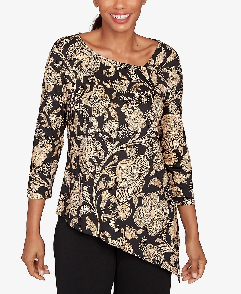 Ruby Rd. Petite Gold Foil Floral Printed Knit Top
