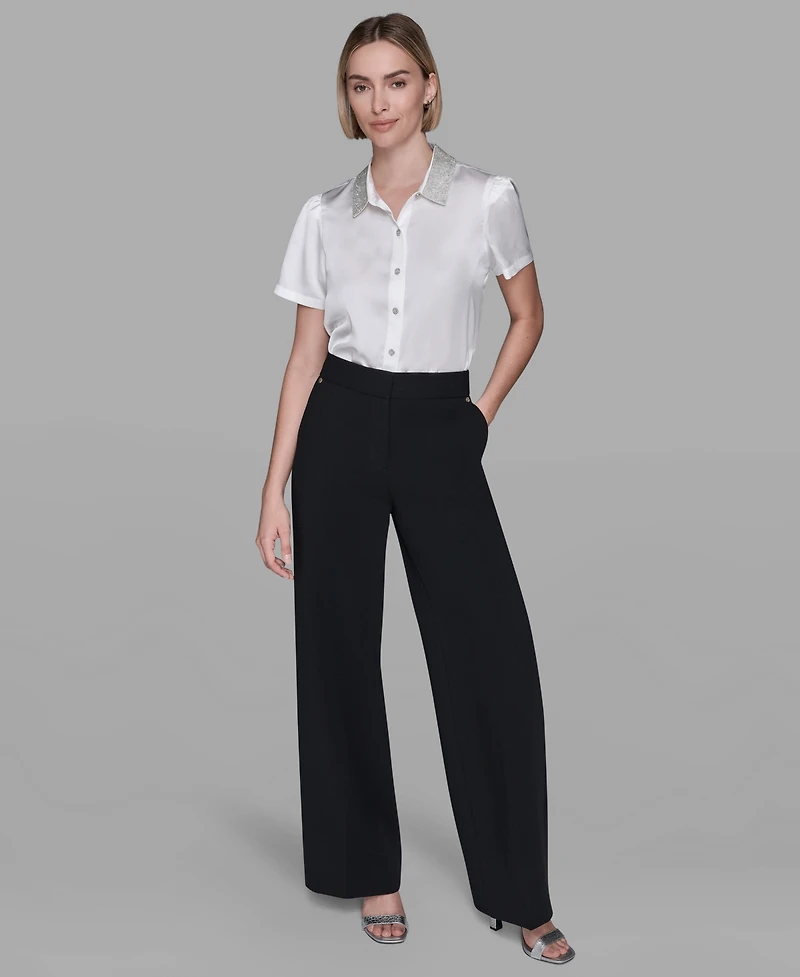 Karl Lagerfeld Paris Women's Collar Embellished Short Sleeve Top