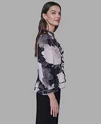 Karl Lagerfeld Paris Women's V-Neck Floral Print Ruffle Detail Top