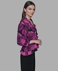 Karl Lagerfeld Paris Women's V-Neck Floral Print Ruffle Detail Top