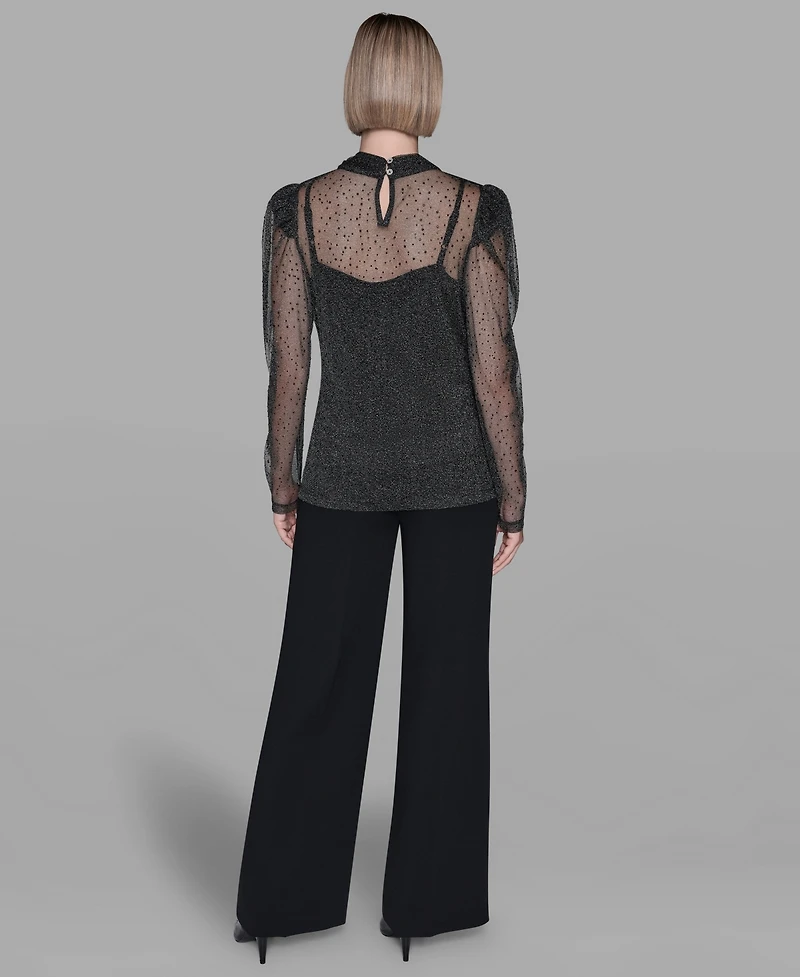 Karl Lagerfeld Paris Women's Metallic Mesh High Neck Top