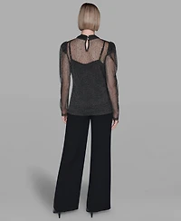 Karl Lagerfeld Paris Women's Metallic Mesh High Neck Top