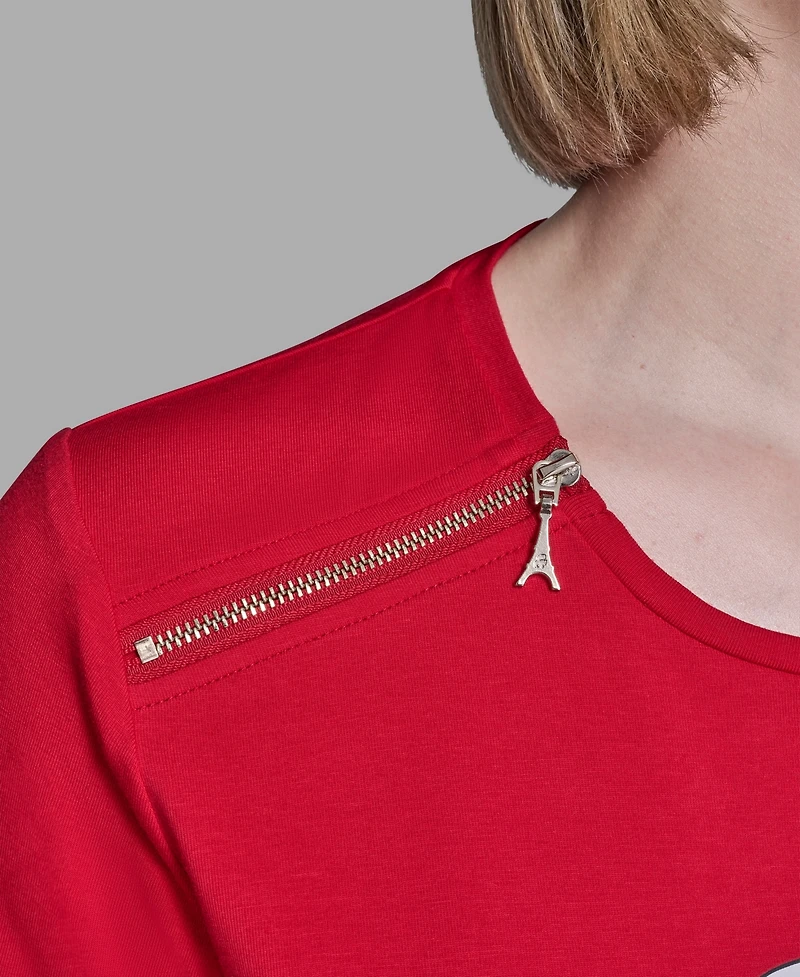 Karl Lagerfeld Paris Women's Crewneck Embellished Zip Shoulder T-Shirt