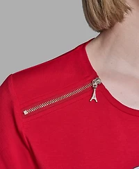 Karl Lagerfeld Paris Women's Crewneck Embellished Zip Shoulder T-Shirt