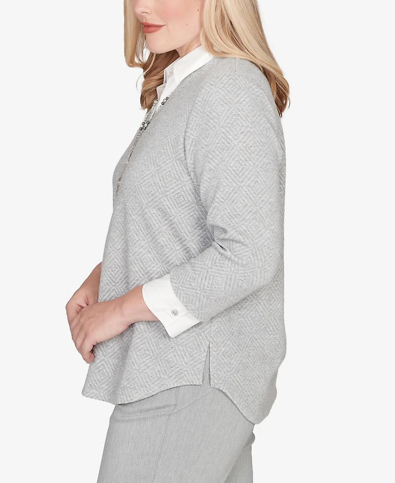 Alfred Dunner Stockbridge Diamond Jacquard Two One Top with Necklace