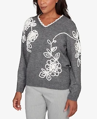 Alfred Dunner Stockbridge Ruffle V-Neck Floral Soutache Sweater