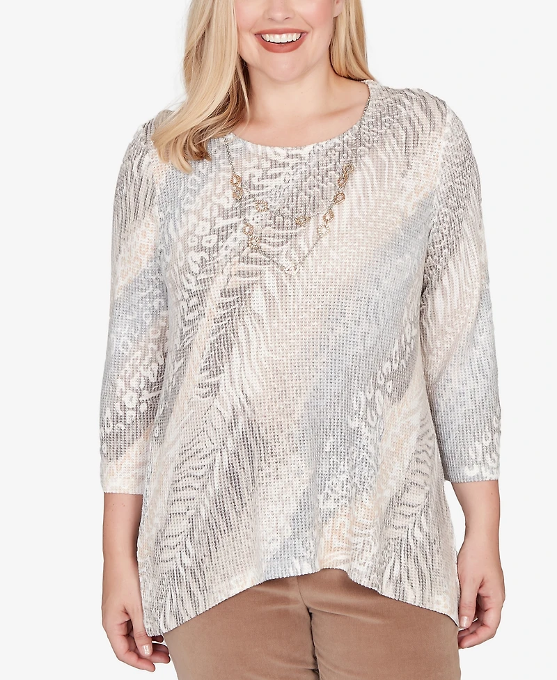 Alfred Dunner Vienna Diagonal Animal Print Top With Necklace