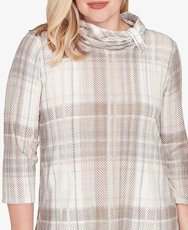 Alfred Dunner Vienna Draped Cowl Neckline Plaid Knit Top