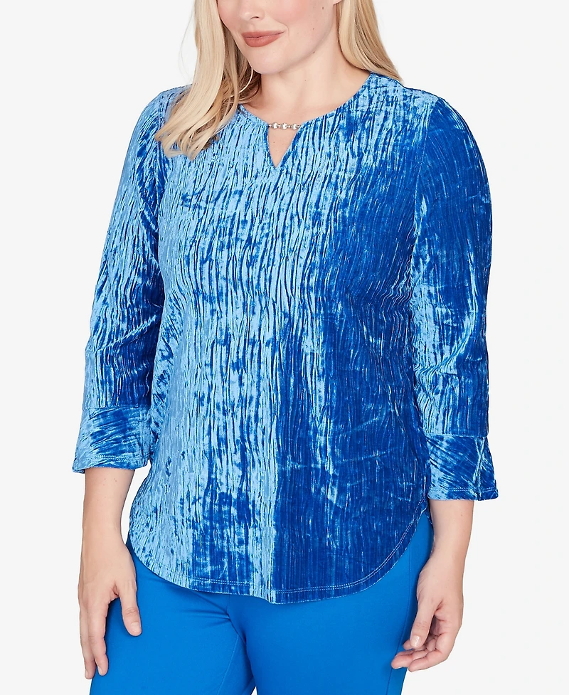 Alfred Dunner Barcelona Crushed Velvet Keyhole Bell Sleeve Top
