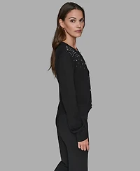 Karl Lagerfeld Paris Women's Crewneck Crystal Detail Sweater