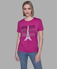 Karl Lagerfeld Paris Women's Crewneck Bonjour Eiffel Tower Embellished T-Shirt
