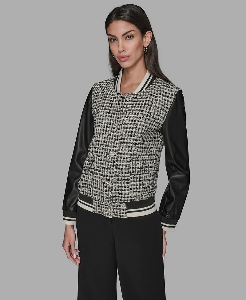 Karl Lagerfeld Paris Women's Collar Neck Mixed Media Jacket
