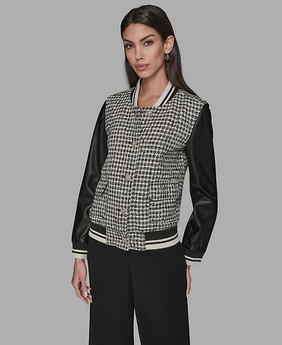 Karl Lagerfeld Paris Women's Collar Neck Mixed Media Jacket