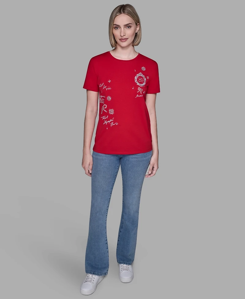 Karl Lagerfeld Paris Women's Crewneck Embellished Icon T-Shirt