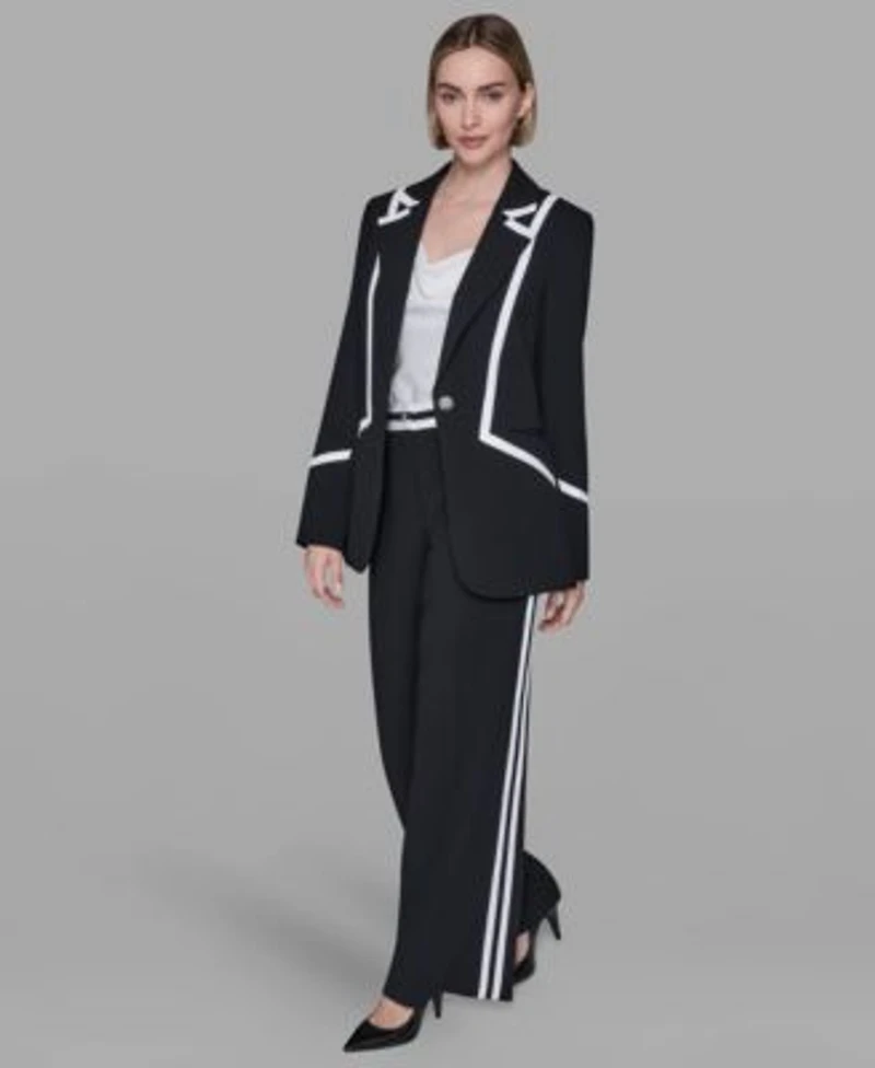 Karl Lagerfeld Paris Womens Collar Contrast Trim Blazer High Rise Contrast Band Pants