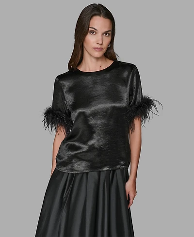 Karl Lagerfeld Paris Women's Crewneck Feather Trim Top