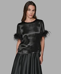 Karl Lagerfeld Paris Women's Crewneck Feather Trim Top