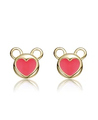 GiGiGirl 14K Gold Plated with White Mother Of Pearl or Red Enamel Bear-Eared Heart Stud Earrings For Kids