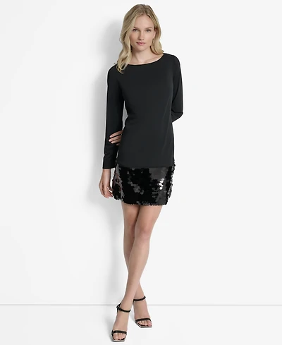 Dkny Women's Long Sleeve Sequin Hem Shift Dress