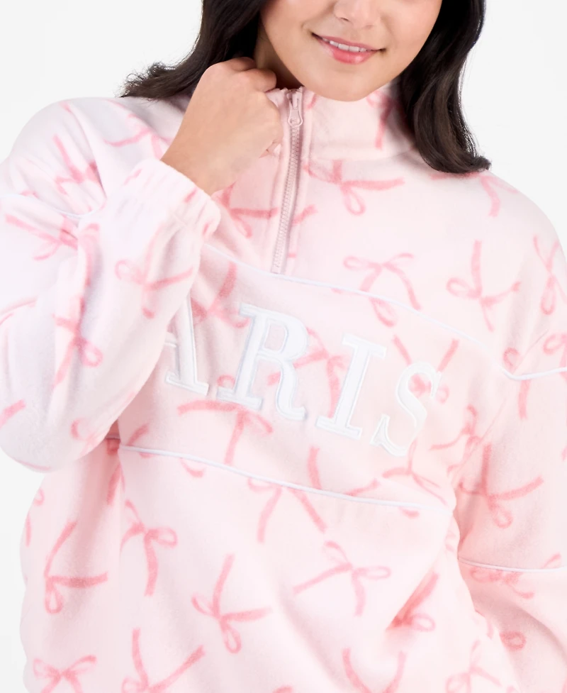 Rebellious One Juniors' Paris Bow-Print Quarter-Zip Fleece Top