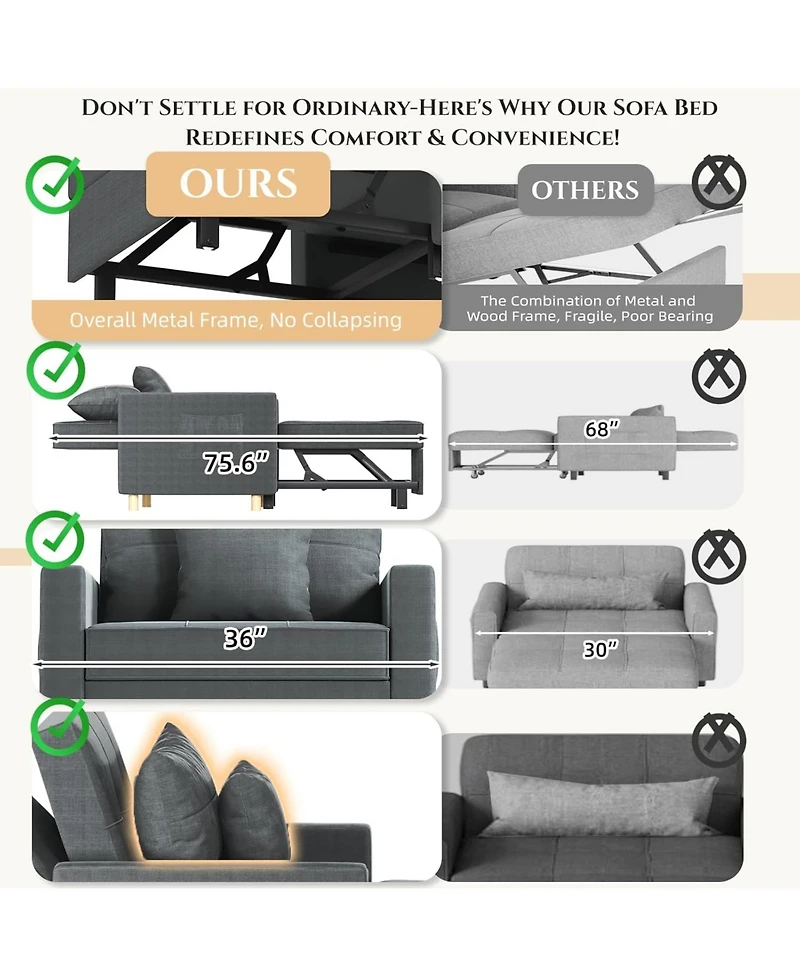 Aecojoy 36" Sleeper Chair, Convertible Chair Bed for Adults, 3-in-1 Pull Out Sofa