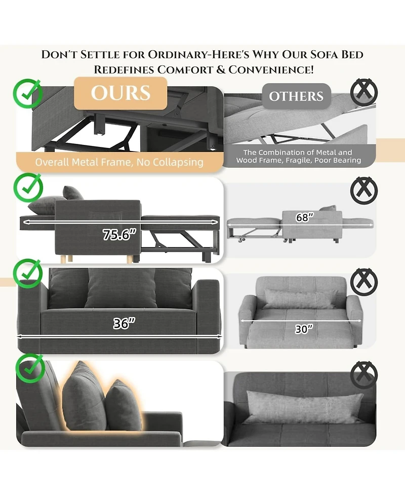 Aecojoy 36" Sleeper Chair, Convertible Chair Bed for Adults, 3-in-1 Pull Out Sofa Chair