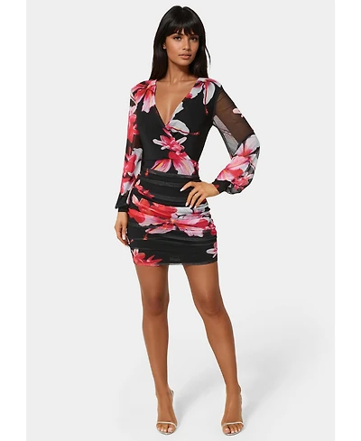 Bebe Women's Long Sleeve Faux Wrap Ruched Mini Dress