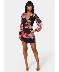 Bebe Women's Long Sleeve Faux Wrap Ruched Mini Dress