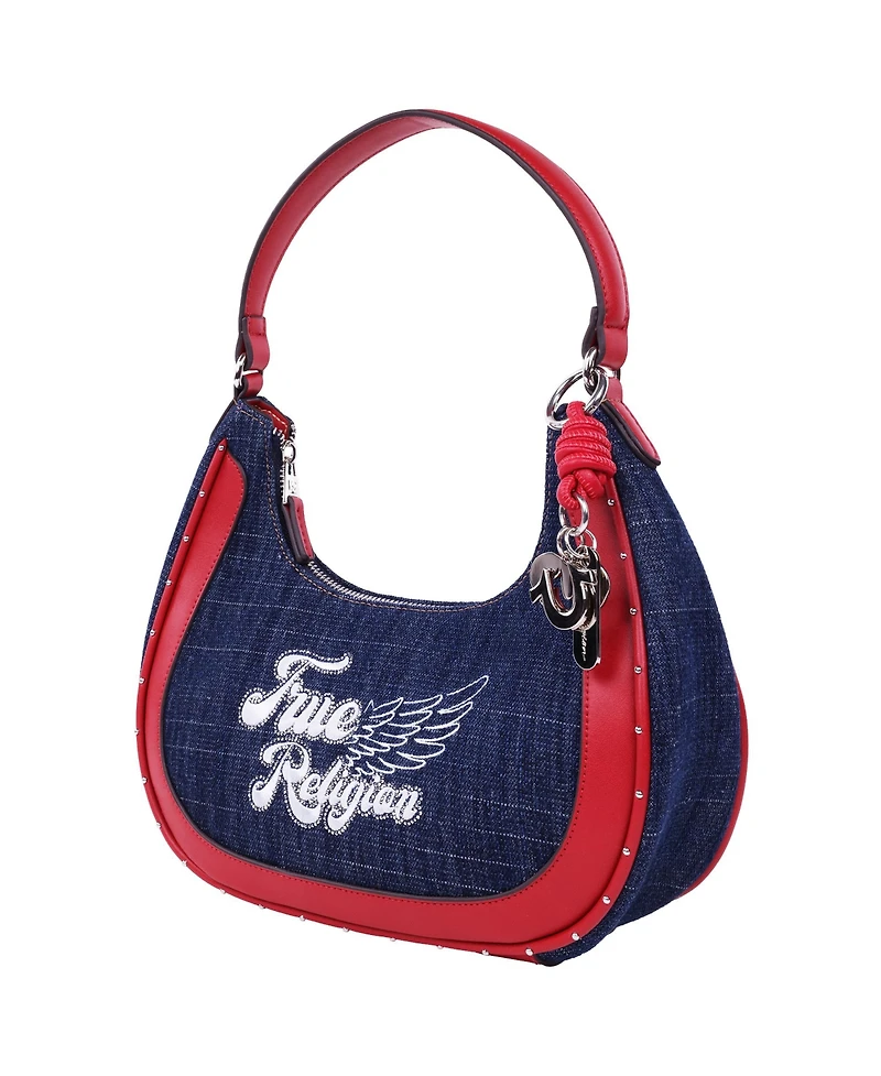 True Religion Wing Motif Denim Hobo Bag with Red Trim