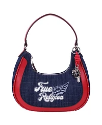 True Religion Wing Motif Denim Hobo Bag with Red Trim