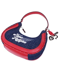 True Religion Wing Motif Denim Hobo Bag with Red Trim