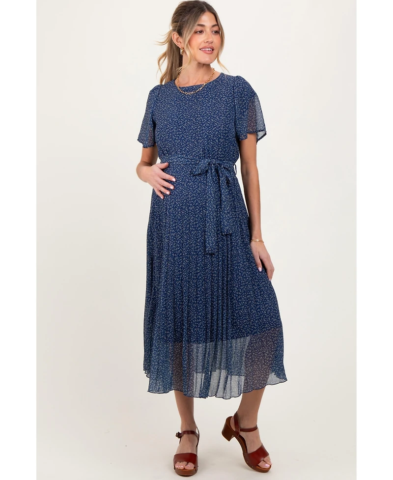 Pinkblush Maternity Navy Leaf Print Pleated Midi Dress
