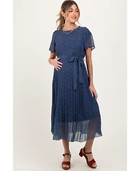 Pinkblush Maternity Navy Leaf Print Pleated Midi Dress