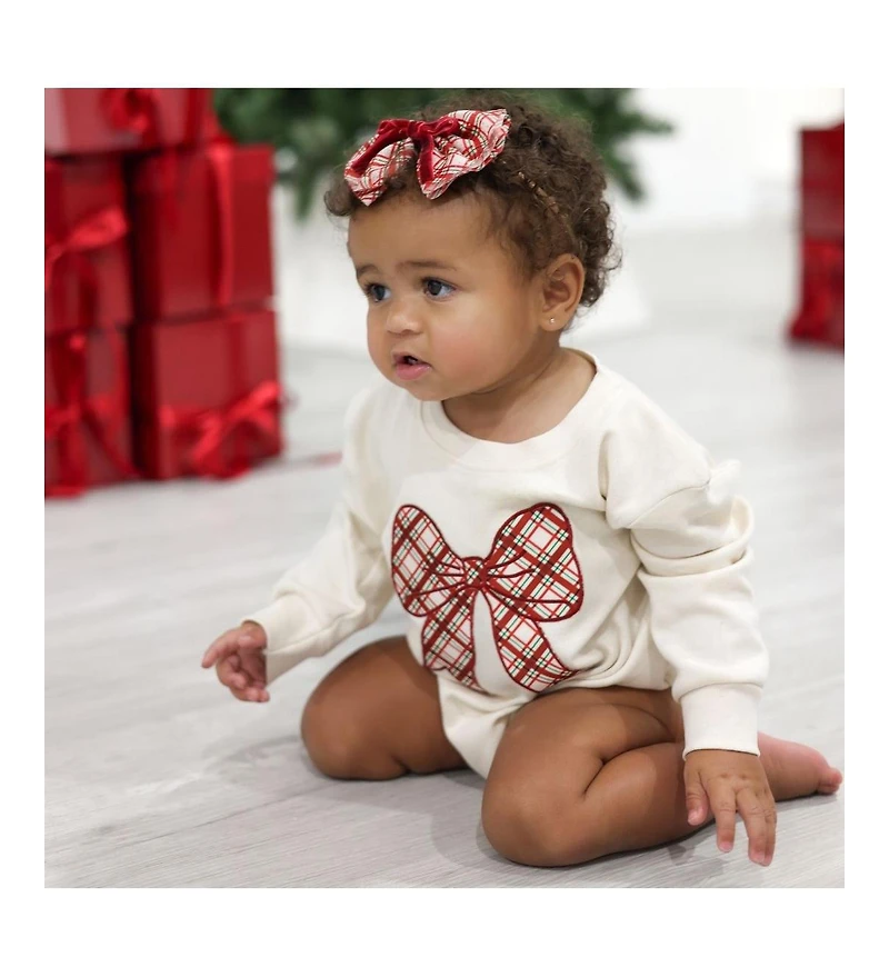 Sweet Wink Baby Girls Christmas Plaid Bow Patch Long Sleeve Romper
