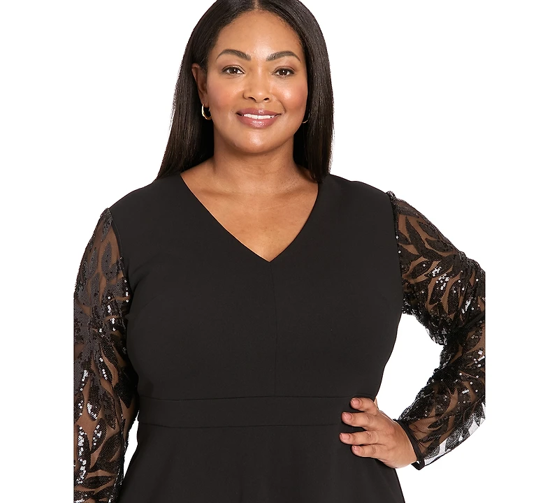 London Times Plus V-Neck Sequin Sleeve Shift Dress